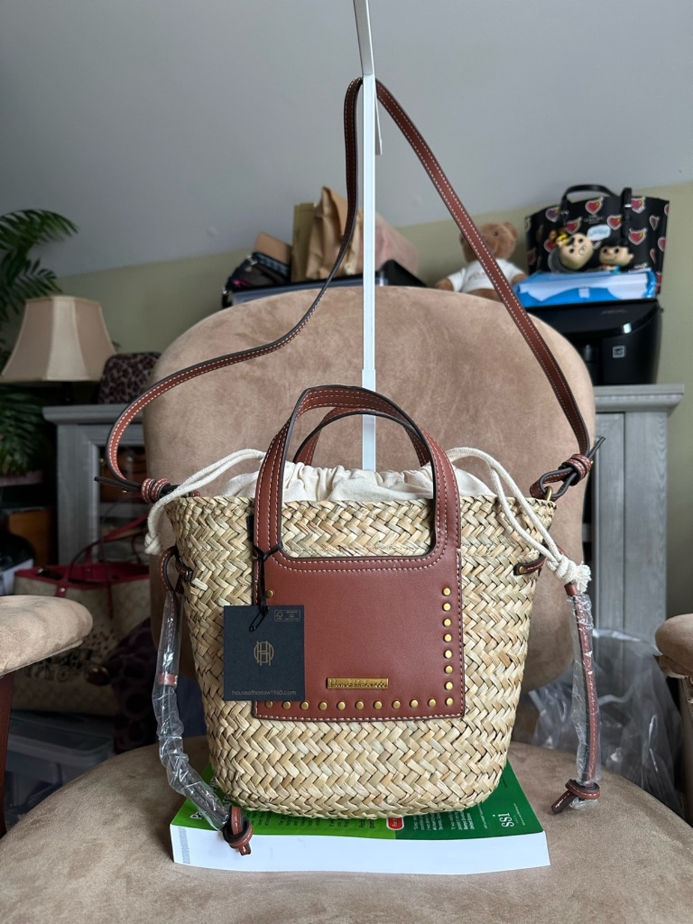 House of Harlow 1960 Woven Straw Crossbody Bag Brown Leather Trim New with Tag